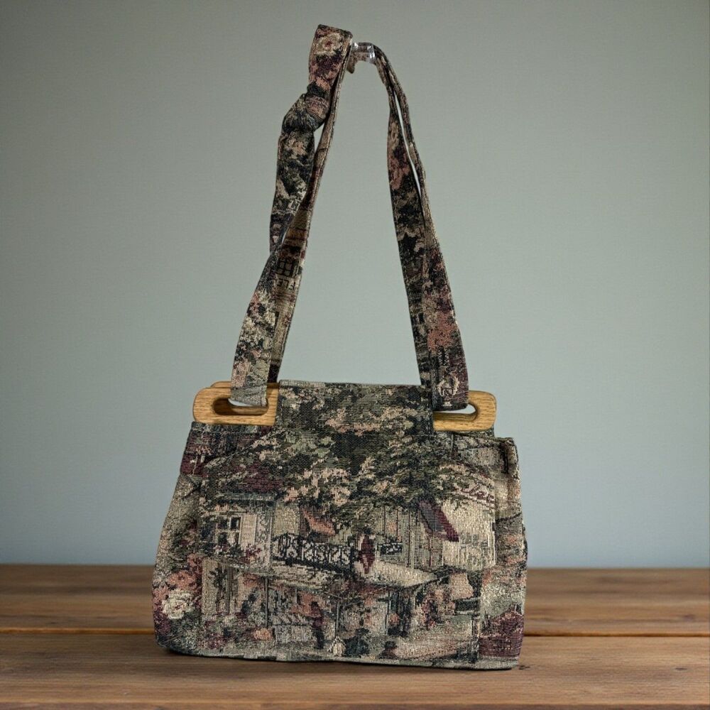Ozark Mountain Tapestry Carpet Bag Purse Wooden Frame Vintage Style Handbag